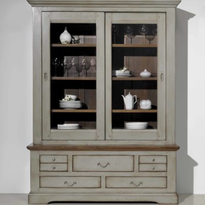 Meuble vitrine en chêne massif teinte bi-ton gris et bois Moveis Cacio – ANGERS