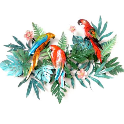 Sculpture murale metal perroquets et feuillage tropical