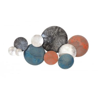 Décoration murale abstraite en métal orange, bleu, noir, argent L.131cm – DISQUES
