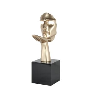 Statue visage SPERANZA coloris dore champagne sur socle noir.