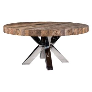 Table ronde BODHI plateau bois massif et pied en métal argent chromé