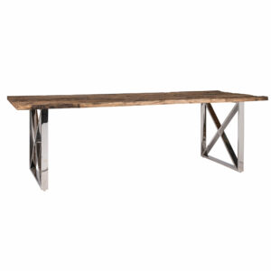 Table KENSINGTON plateau bois brut pieds métal argent chromé