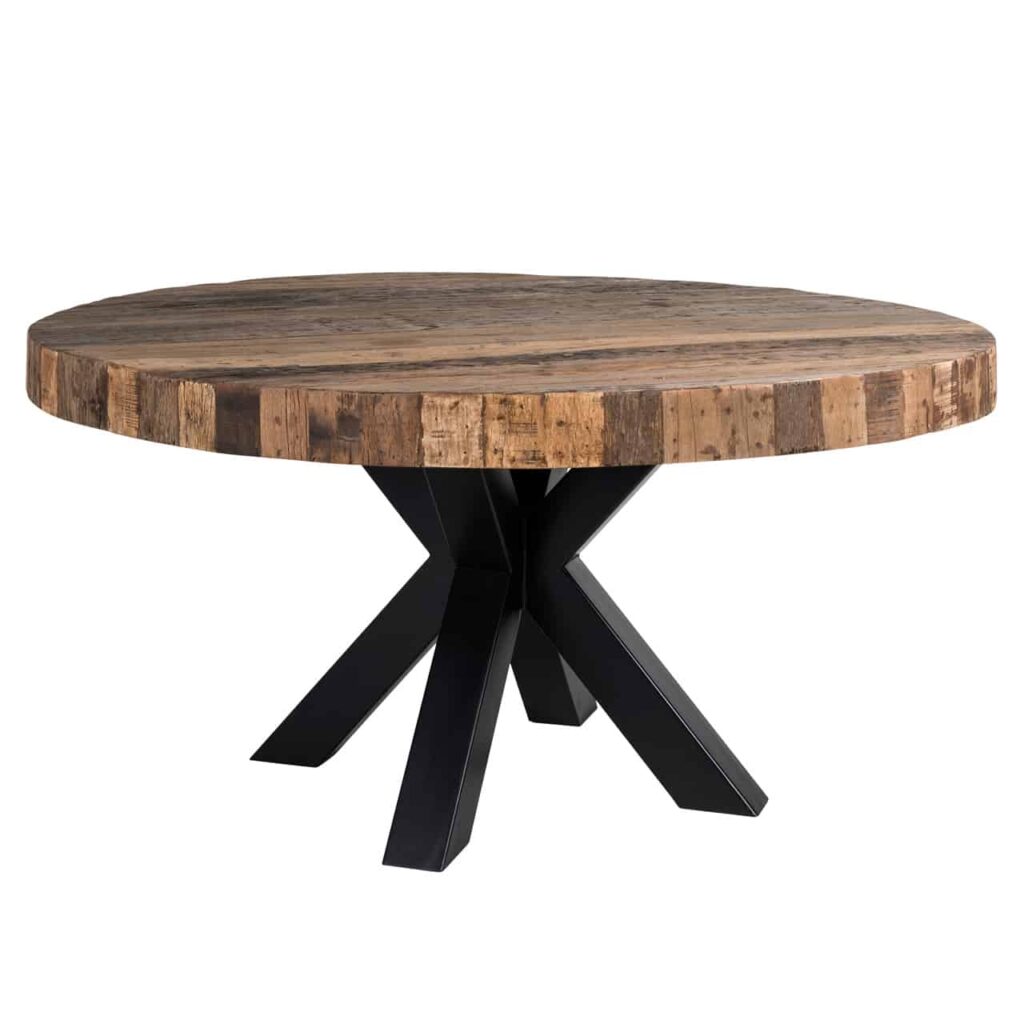 Table ronde plateau bois brut épaisseur 10cm, pied métal noir- BODHI