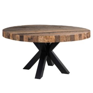 Table ronde BODHI plateau bois brut massif et pied en métal noir mat.