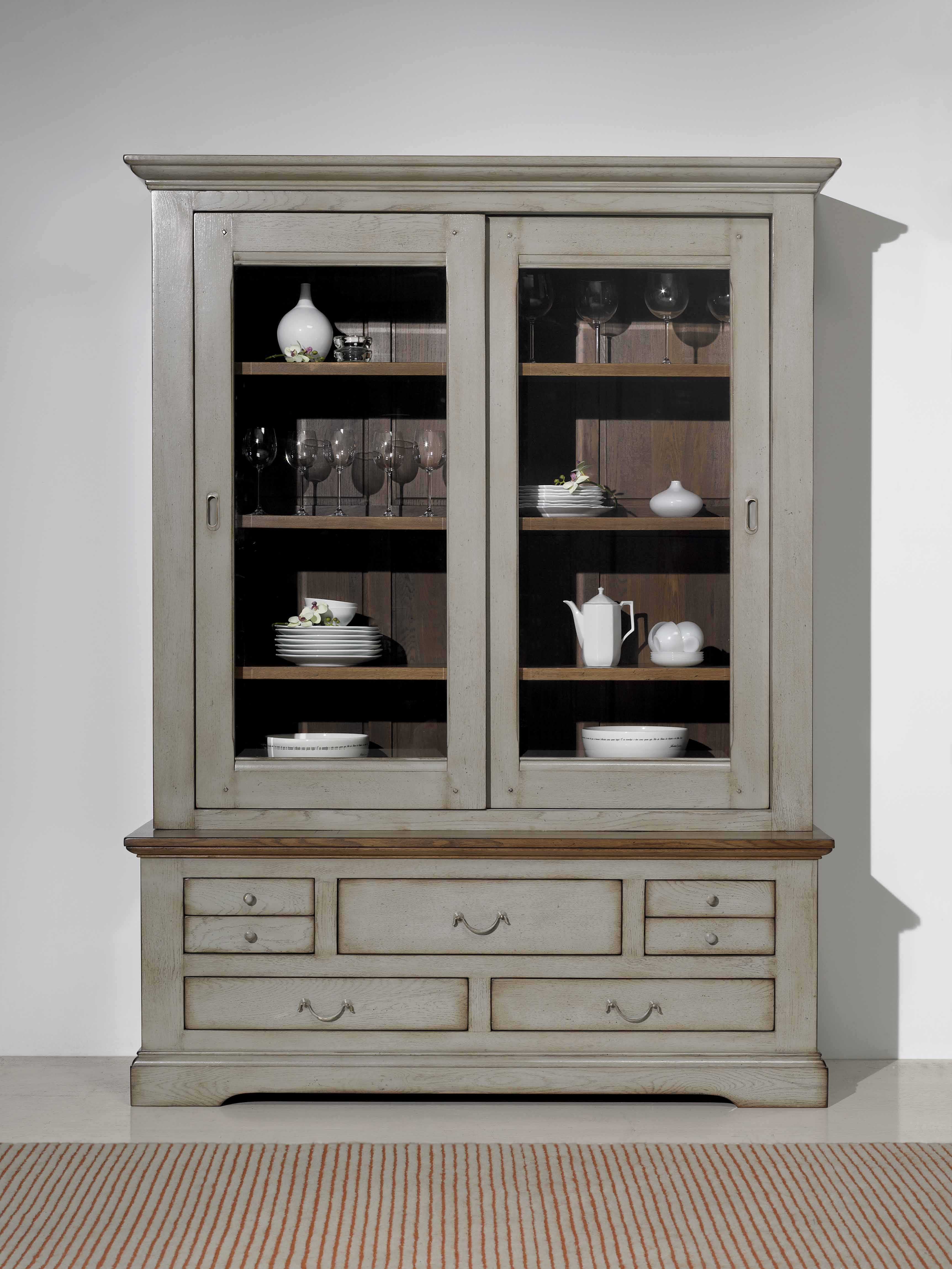 Meuble vitrine en chêne massif teinte biton gris et bois Moveis Cacio