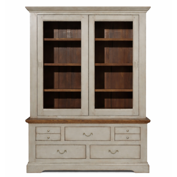 Vitrine ANGERS fabriquée en chêne massif. Bahut deux corps. Blanc patiné et chêne naturel