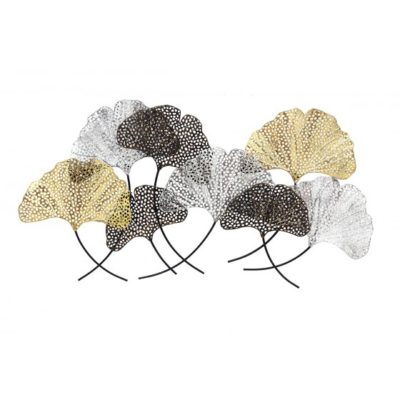 Decoration murale en metal FEUILLES GINKGO noir argent or