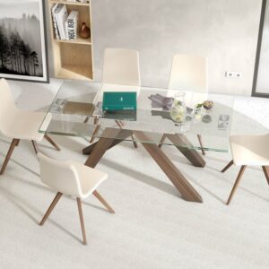 Table OSAKA plateau en verre trempé et pieds bois design akante