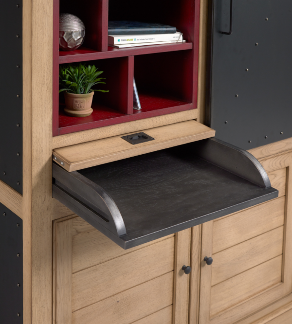 Bibliothèque design industriel bois métal noir avec table de bureau