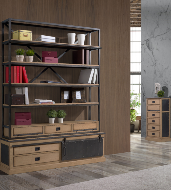 meuble bibliothèque ouverte style industriel en bois chêne et métal noir