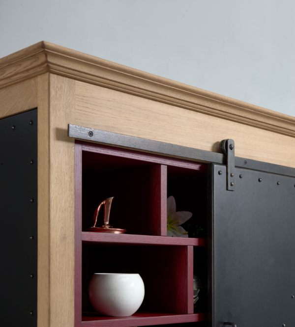 Bibliothèque design industriel bois métal noir avec table de bureau