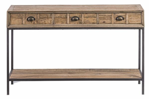 meuble console 3 tiroirs vintage style indus bois brut chêne vieilli métal gris