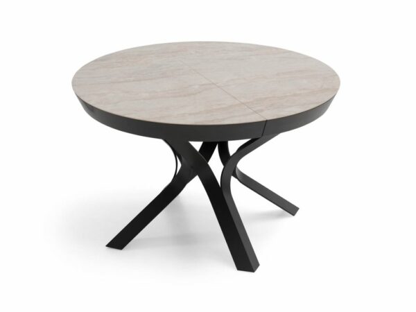 Table de salle à manger design ronde en céramique avec allonge fermée pied central en métal