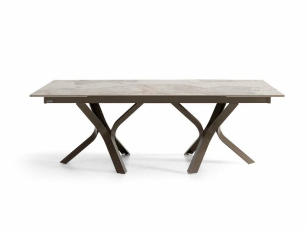 Table design deux pieds originaux en métal, plateau en céramique ou dekton