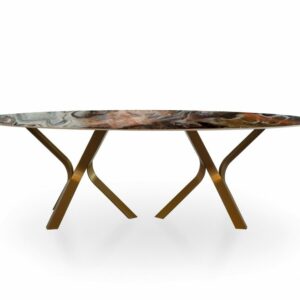 Table ovale pour salle à manger contemporaine design avec plateau en céramique ou Dekton et deux pieds en métal
