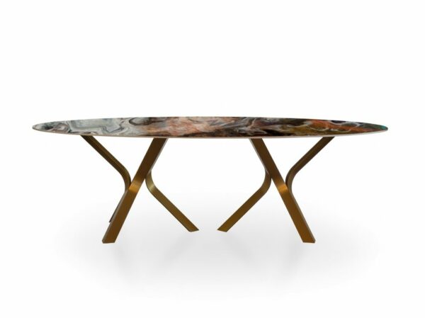 Table ovale pour salle à manger contemporaine design avec plateau en céramique ou Dekton et deux pieds en métal