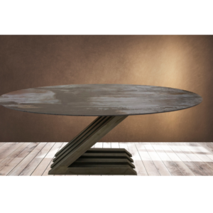 Table ovale ZARA plateau design céramique, dekton marron pied en forme de Z noir marron