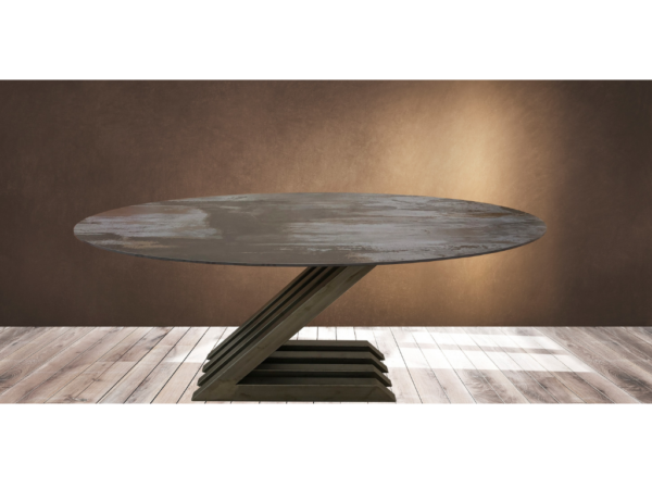 Table ovale ZARA plateau design céramique, dekton marron pied en forme de Z noir marron