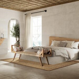 chambre à coucher Lit, chevet et commode 3 tiroirs en chêne avec finition béton gris clair