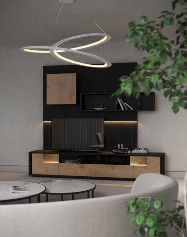 Meuble TV noir et bois naturel modern et design. Avec option led