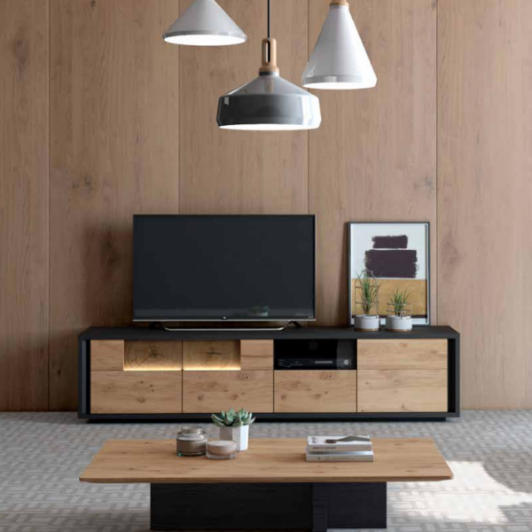 Meuble TV noir et bois naturel modern et design. Avec option led