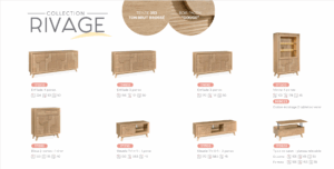 Salle  à manger RIVAGE,  liste des meubles disponibles avec  leurs dimensions. 
