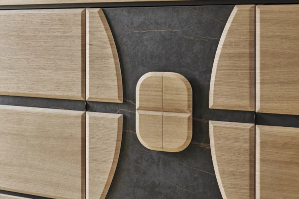 Salle à manger OMEGA composé de DEKTON et de chêne.