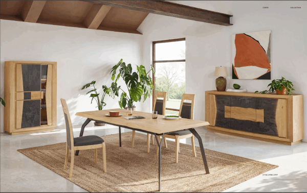 Salle à manger CORTO de chez Cacio. Fabriqué en chêne et céramique (DEKTON), la salle a manger comporte de nombreux meubles dont une table extensible a 390cm